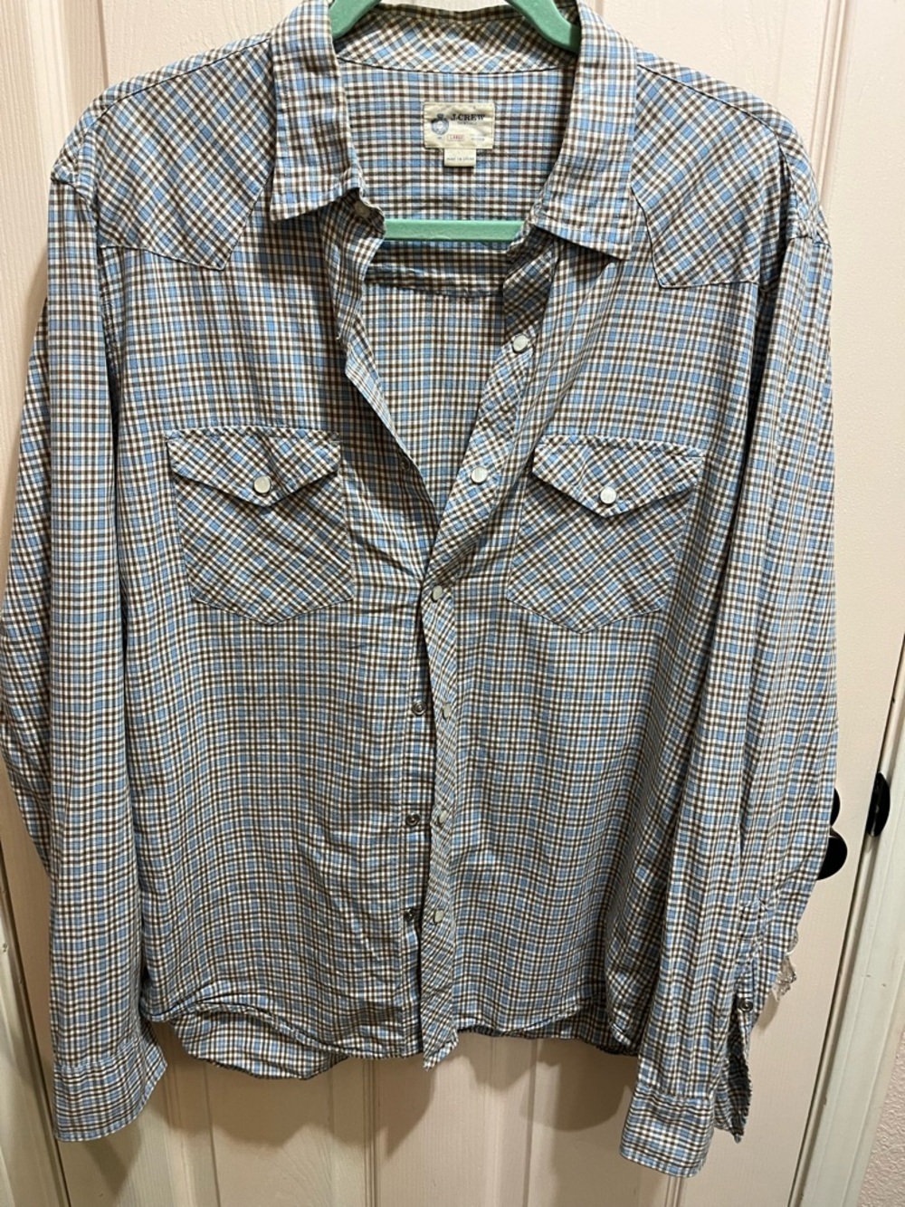 J Crew Mens Plaid Western Shirt - Blue & Brown
